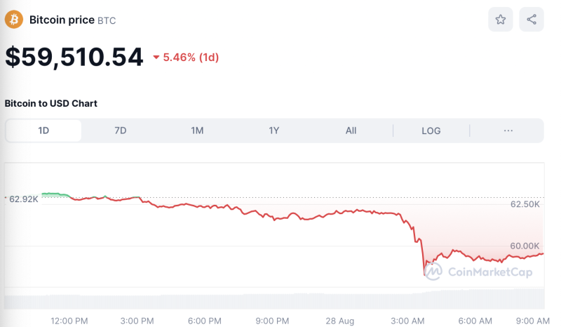 Crypto Prices Today August 28: BTC Pulls Back To $59K, Major Altcoins Sink